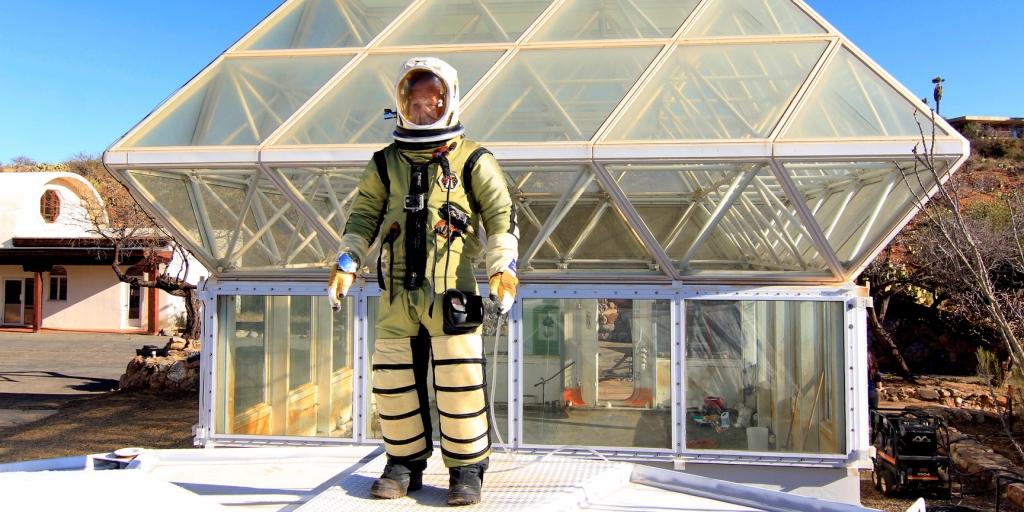 Biosphere 2 Deputy Director John Adams conduct pressure suit test at SAM